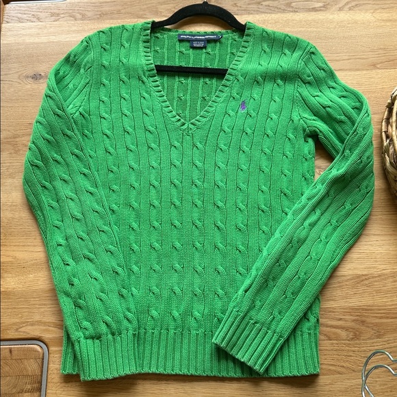 Ralph Lauren Green V-Neck Cable Knit Sweater - Picture 1 of 6